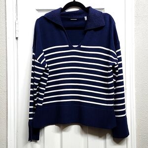 Elie Tahari Navy & Whte Striped Cotton Blend Pullover Sweater, Size L